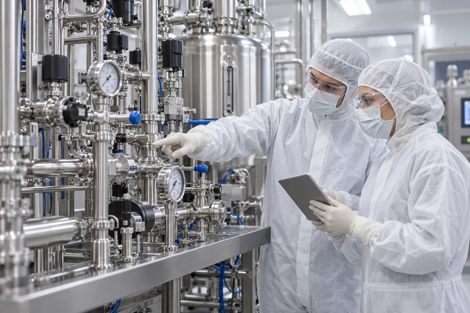 Illustrative engineers inspecting pharmaceutical process equipment for commissioning