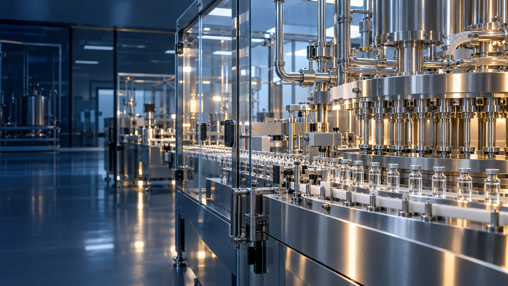 Illustrative aseptic manufacturing cleanroom with automated pharmaceutical equipment