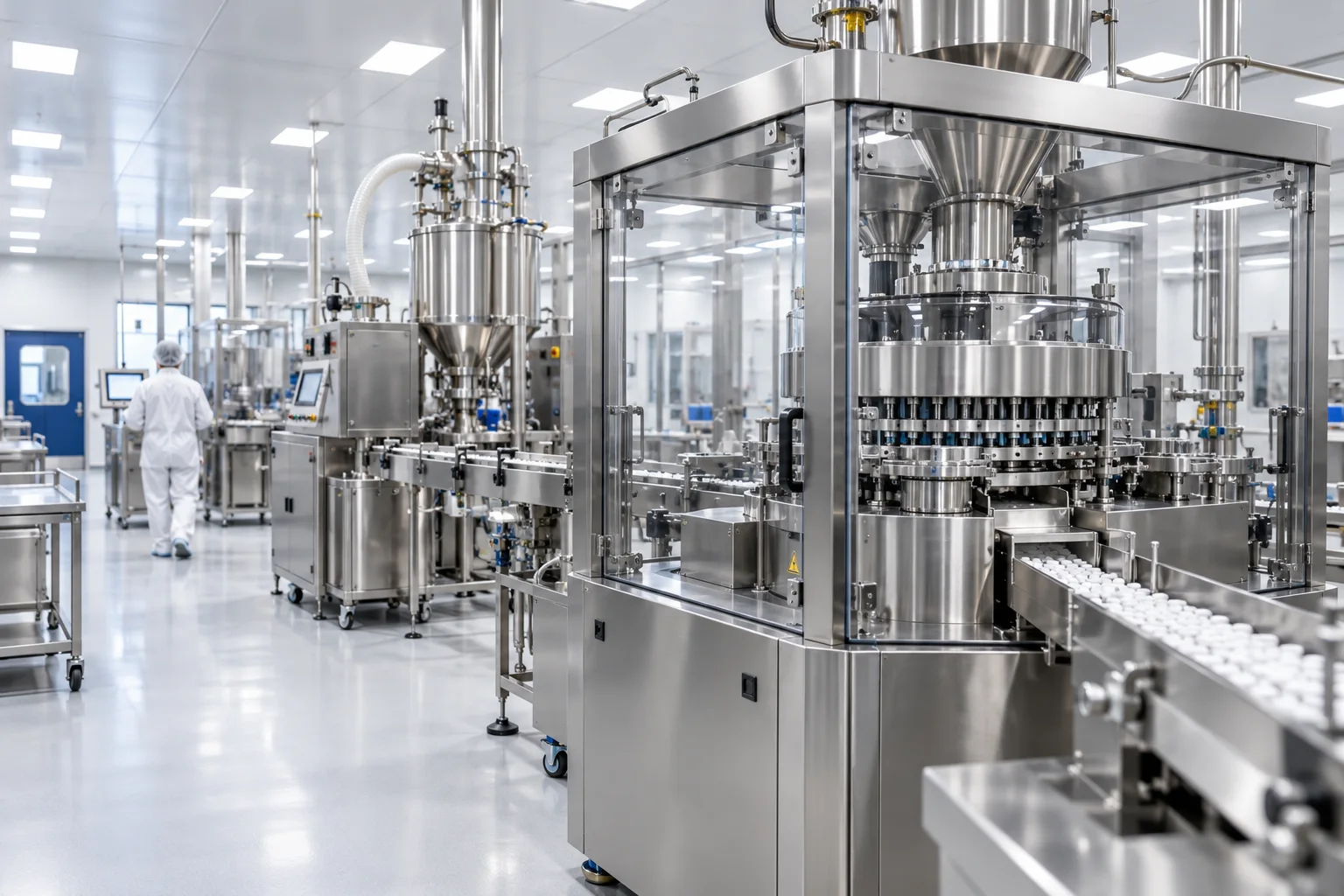 Illustrative oral solid dosage production facility with tablet manufacturing equipment