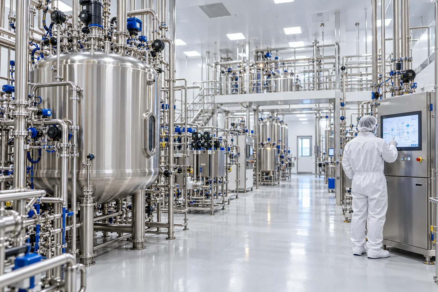 Illustrative pharmaceutical engineer inspecting stainless steel process systems